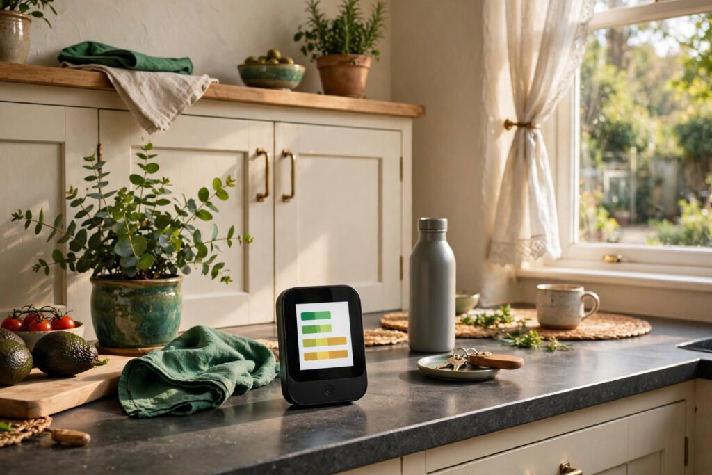A smart meter in-home display with simple coloured bars sits on a bright kitchen counter.