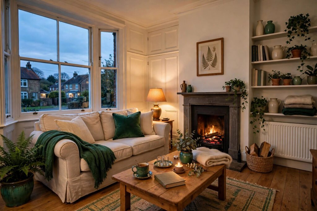 A cosy UK living room glows with warm lamplight in the evening.
