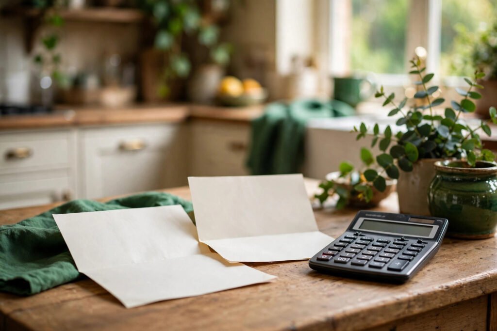 Two blank paper letters and a calculator rest on a kitchen table in soft focus.