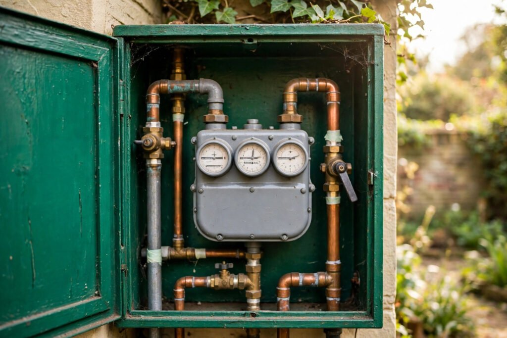 A traditional gas meter with pipes and dials inside a meter cupboard.