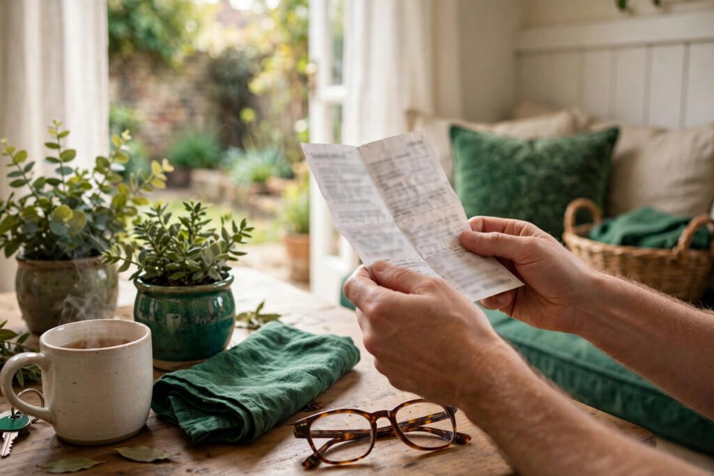 Hands hold a paper energy bill beside reading glasses on a table.