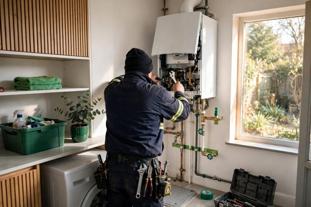 A heating engineer seen from behind installs a new white boiler in a utility room.