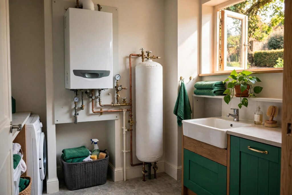 A compact wall-mounted boiler stands beside a hot-water cylinder in a utility room.
