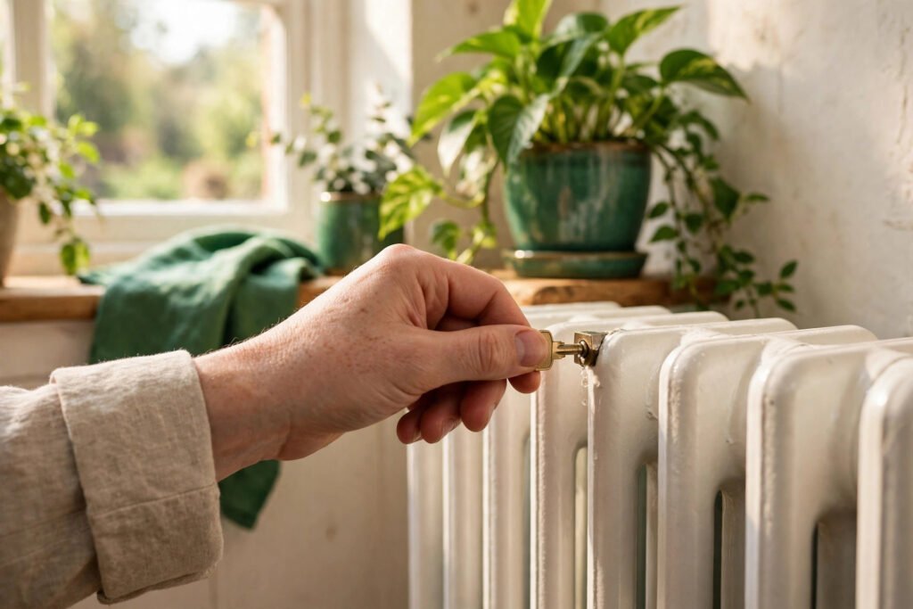 A hand turns a radiator bleed valve with a small key in a bright room.