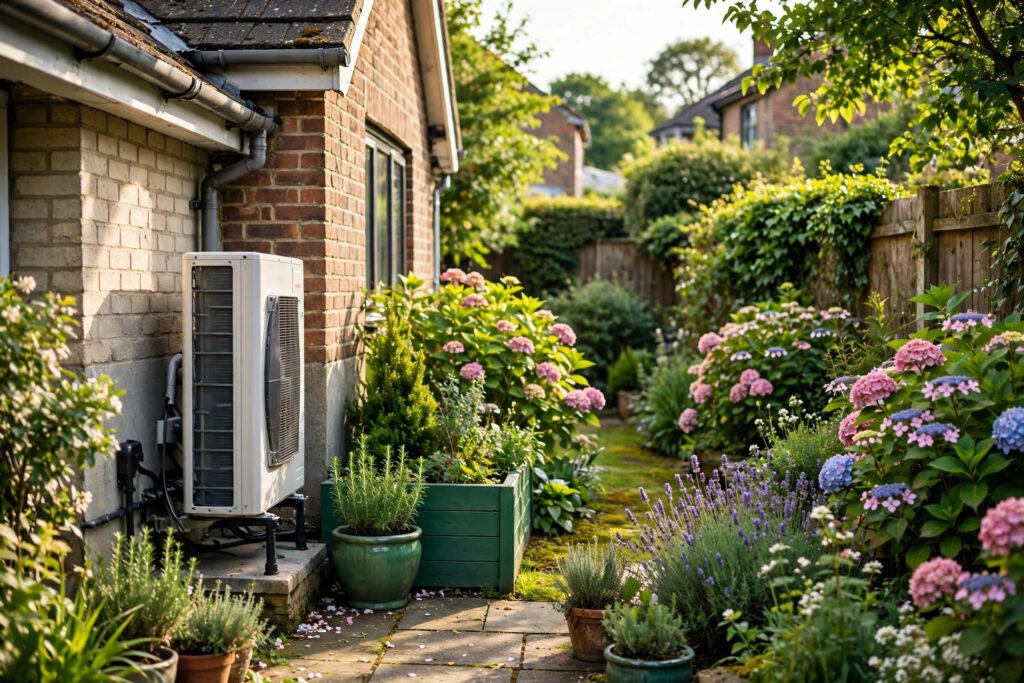 An air source heat pump unit viewed from the side in a UK back garden with flowering shrubs.