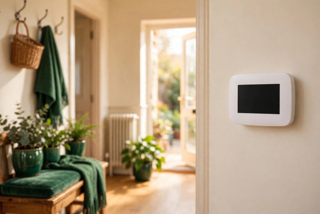 A wall thermostat in a warm bright hallway with a radiator softly blurred behind it.