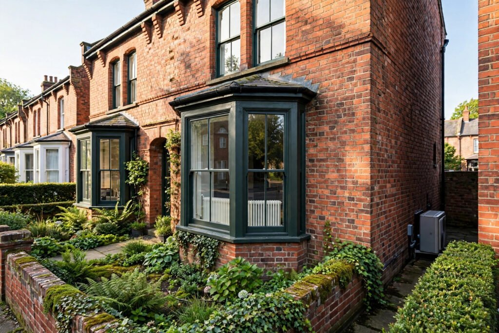 An air source heat pump beside a traditional red-brick UK period house with a mature garden.