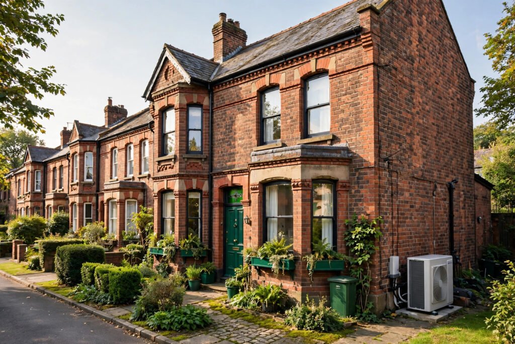 A Victorian terraced brick house with a modern heat pump unit beside it.