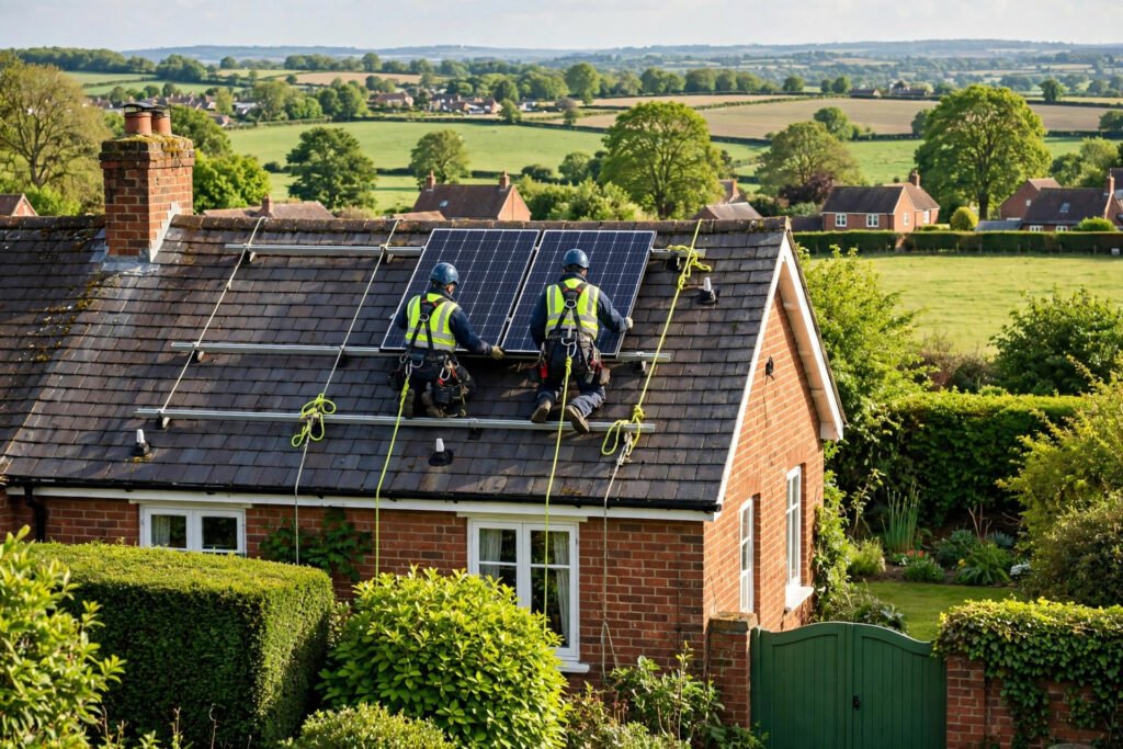 Two installers seen from behind fit a solar panel on a UK house roof with safety ropes.