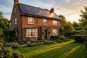 Solar panels on a UK brick family home glowing in warm golden-hour sunlight.