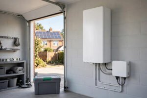 A sleek home battery and inverter mounted on a clean UK garage wall with solar panels visible outside.
