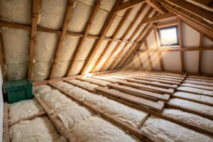 Thick rolls of insulation laid between wooden joists in a bright, sunlit UK loft.