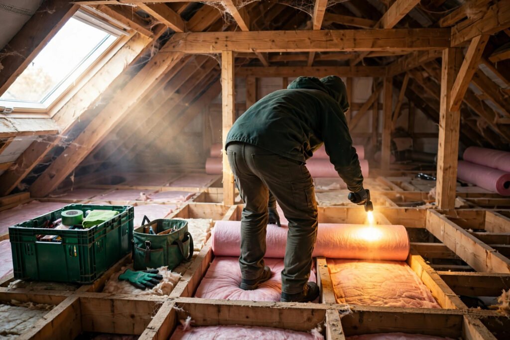 A person seen from behind rolls out loft insulation between joists by torch light.