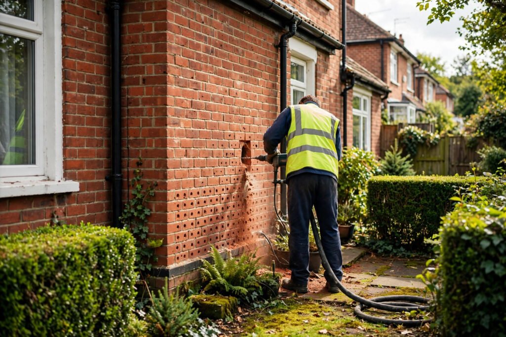A worker seen from behind injects cavity wall insulation into a brick wall with a hose.
