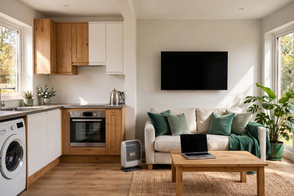 Everyday electric appliances including a kettle, washing machine, oven and television in a bright UK home.