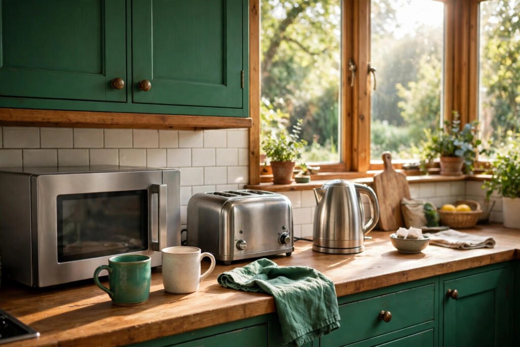 A kettle, toaster and microwave sit on a bright UK kitchen counter in morning light.