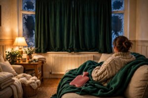 A person relaxing under a blanket in a warm UK living room with closed curtains and a radiator on a winter evening.