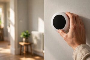 A hand adjusting a modern round thermostat on a sunlit UK hallway wall.