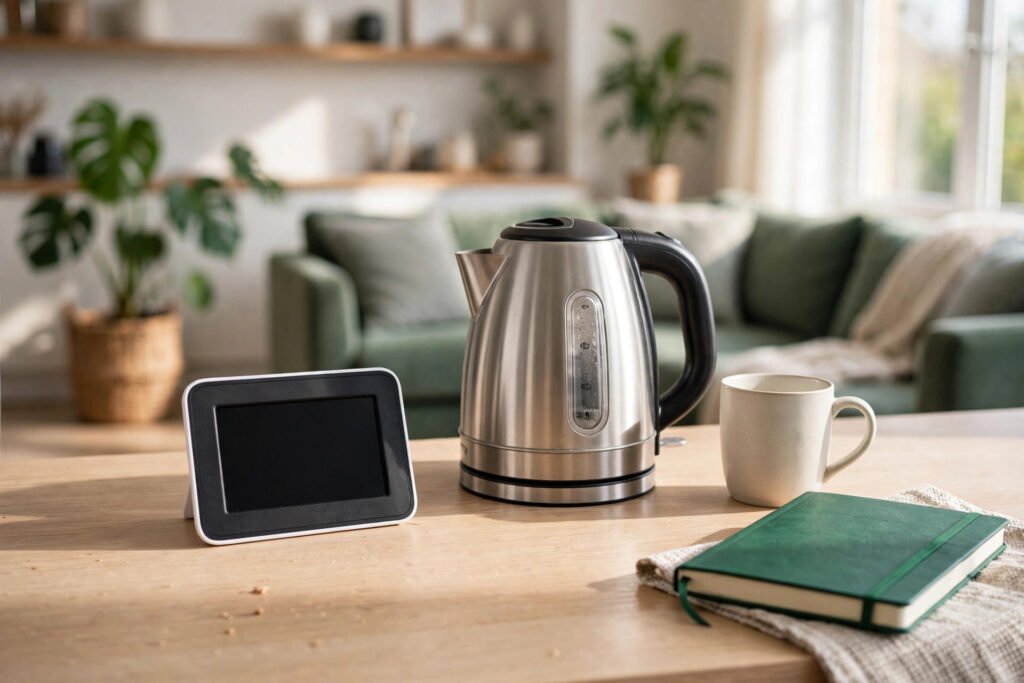 A smart meter in-home display with a blank screen on a UK kitchen counter beside a kettle and mug.
