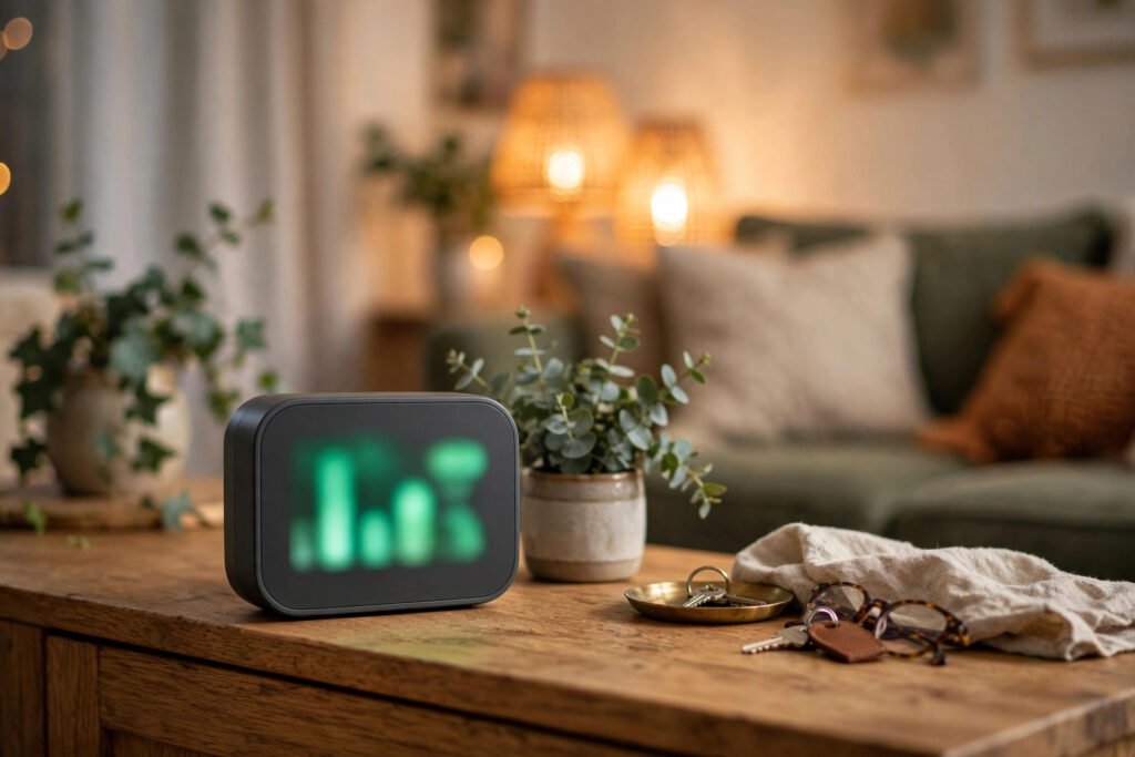 A smart meter in-home display glows green on a sideboard in a cosy room.