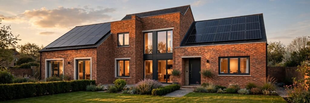 Modern UK brick home with solar panels at sunset